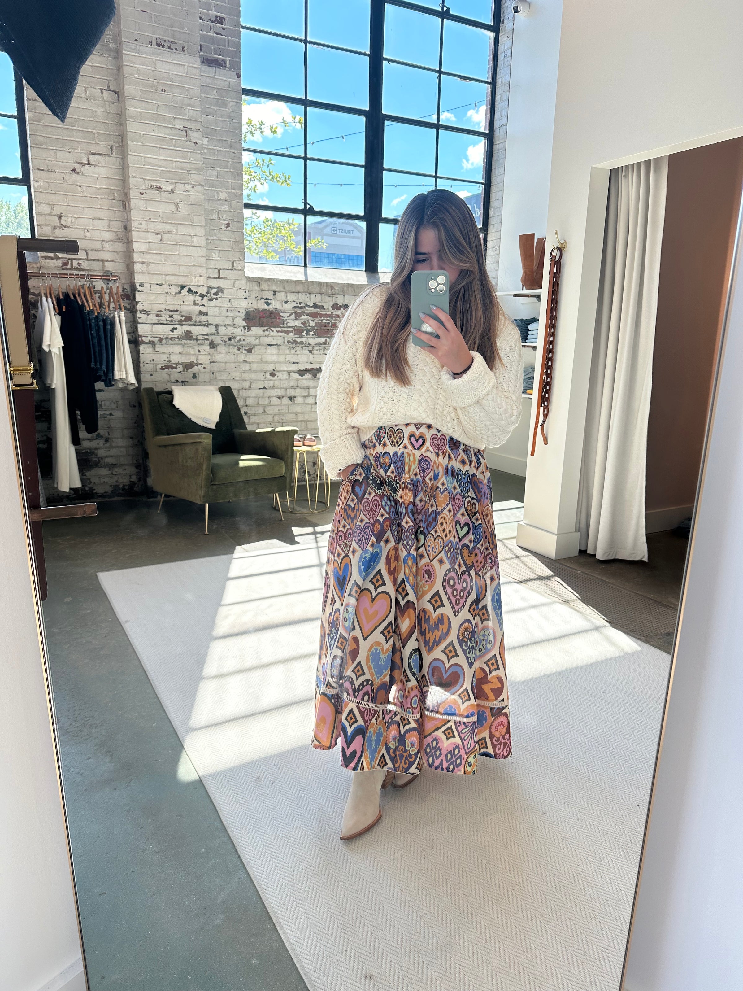 Hearts Ikat Cream Midi Skirt