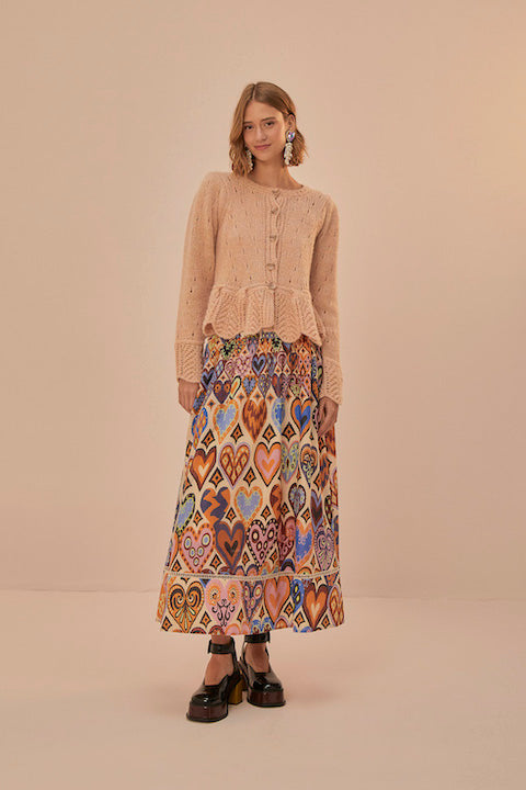 Hearts Ikat Cream Midi Skirt